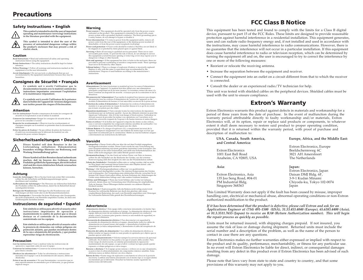 Precautions, Fcc class b notice, Extron’s warranty | Instrucciones de seguridad • español | Extron electronic TP T 15HD 45 User Manual | Page 2 / 13