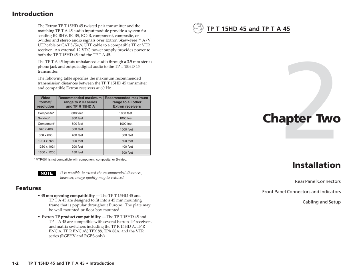Chapter two, Installation | Extron electronic TP T 15HD 45 User Manual | Page 6 / 13
