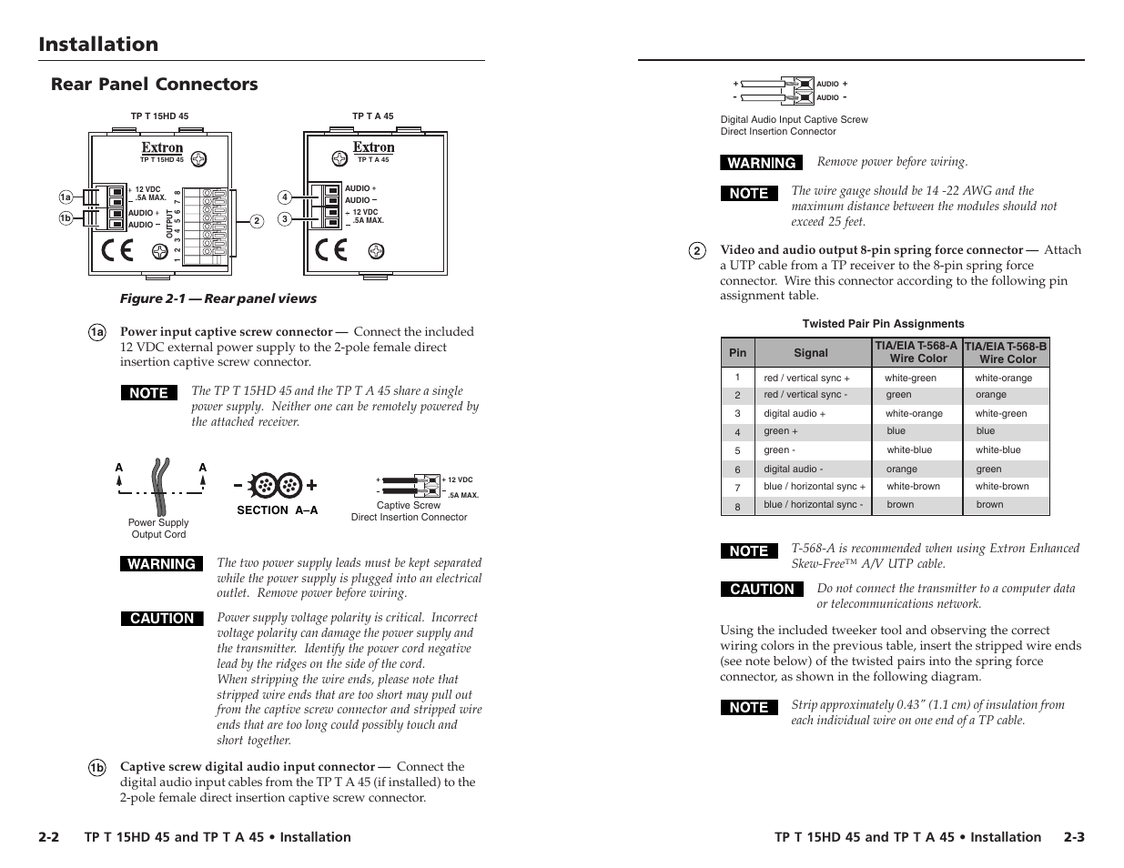 Installation, Installation, cont’d, Rear panel connectors | Caution | Extron electronic TP T 15HD 45 User Manual | Page 7 / 13