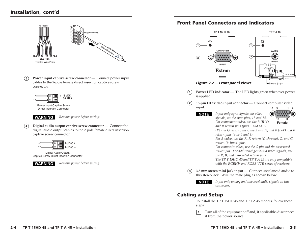 Cabling and setup | Extron electronic TP T 15HD 45 User Manual | Page 8 / 13
