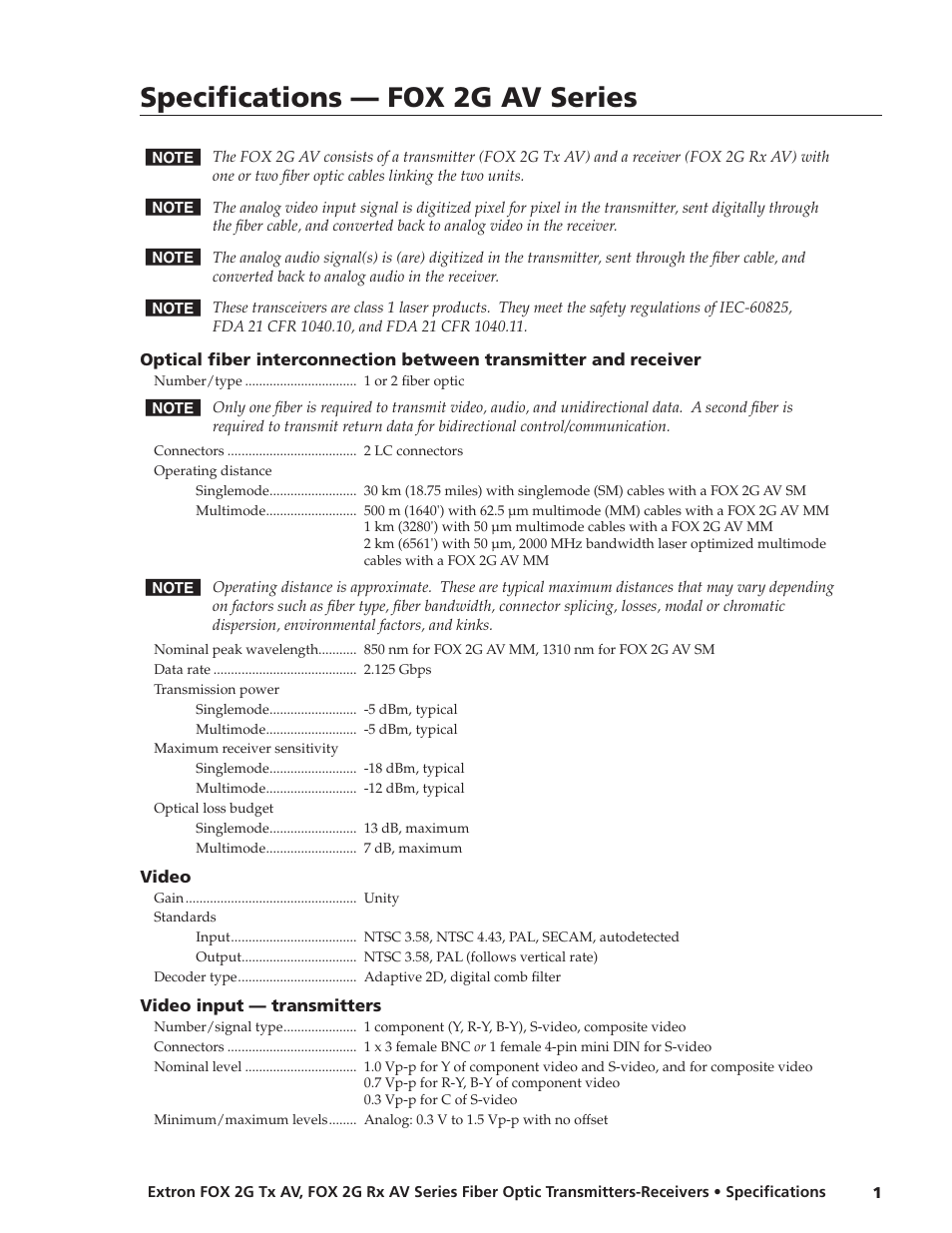 Extron electronic Fiber Optic Transmitters-Receivers FOX 2G Tx AV User Manual | 3 pages