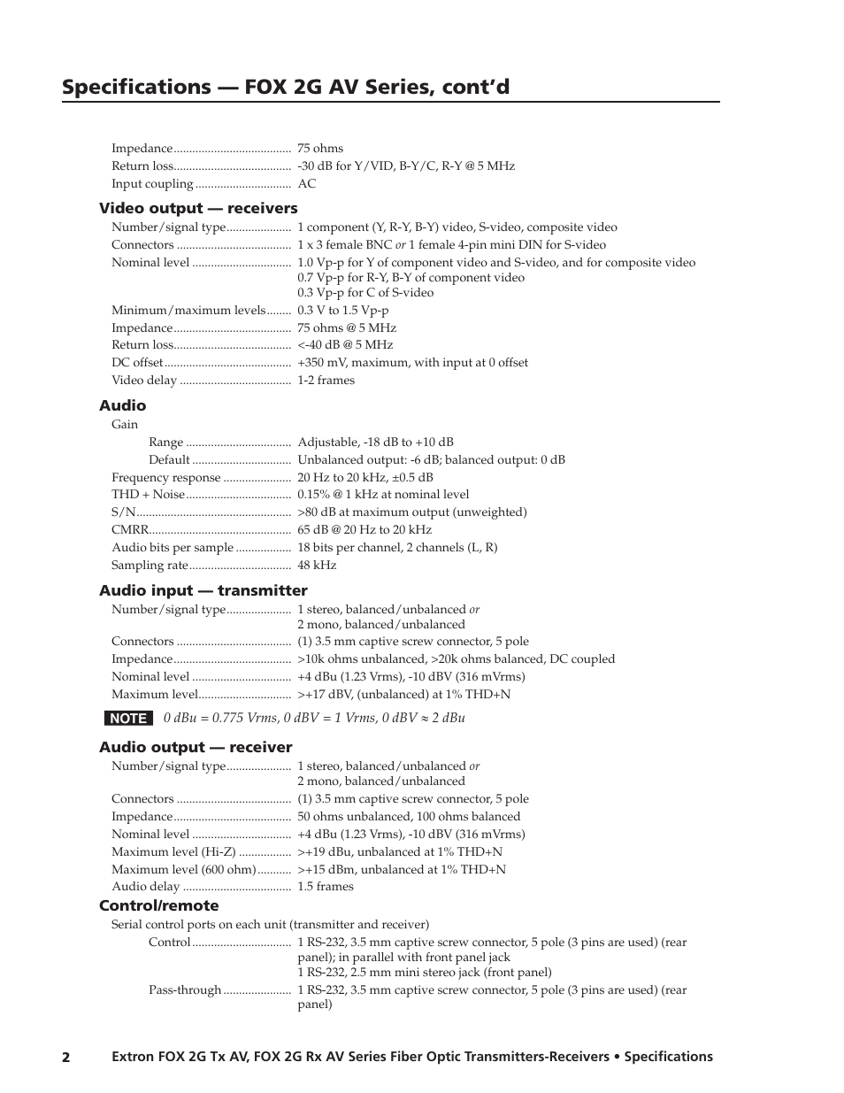 Specifications — fox 2g av series, cont’d | Extron electronic Fiber Optic Transmitters-Receivers FOX 2G Tx AV User Manual | Page 2 / 3