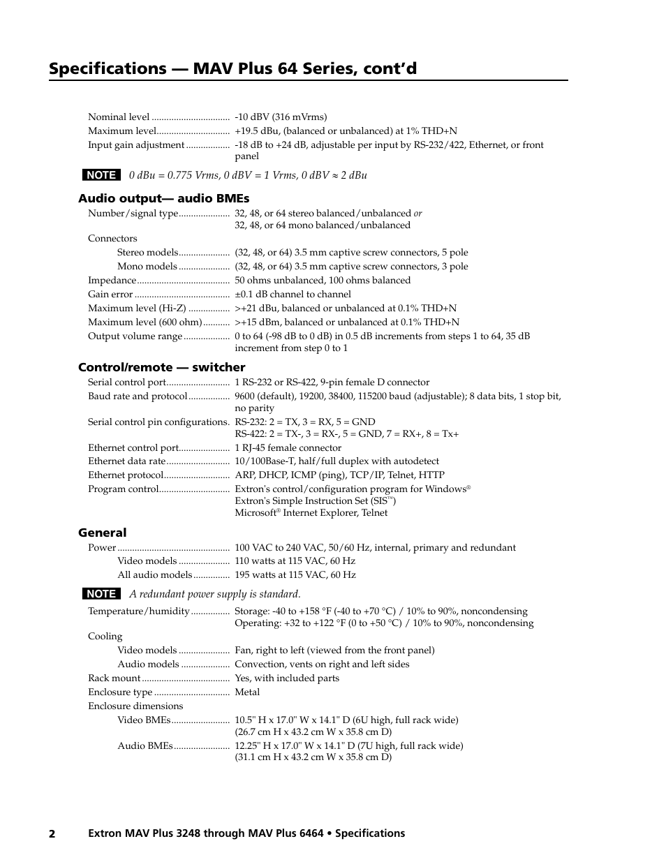 Specifications — mav plus 64 series, cont’d | Extron electronic 64 Series User Manual | Page 2 / 3