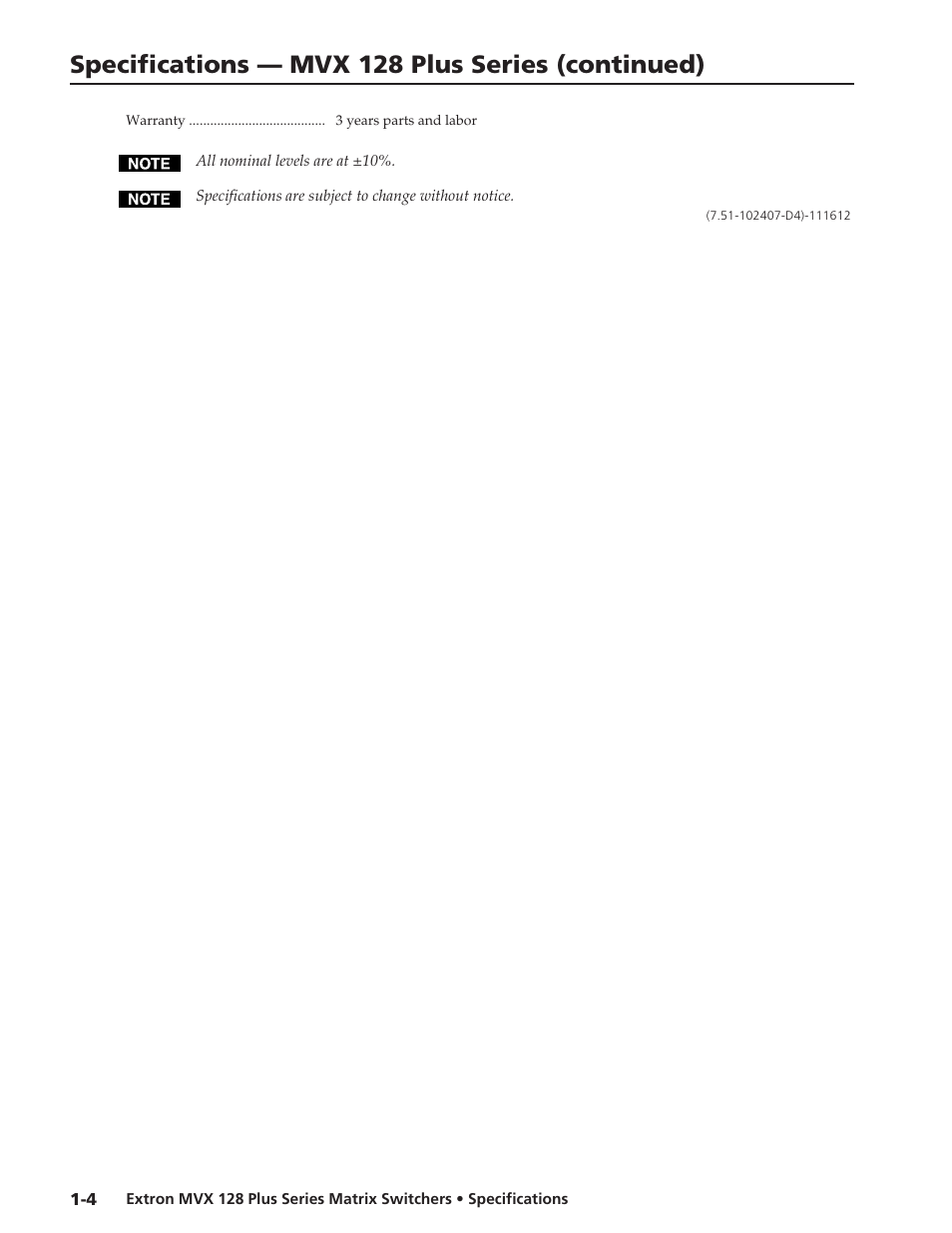 Specifications — mvx 128 plus series (continued) | Extron electronic MVX 128 User Manual | Page 3 / 3