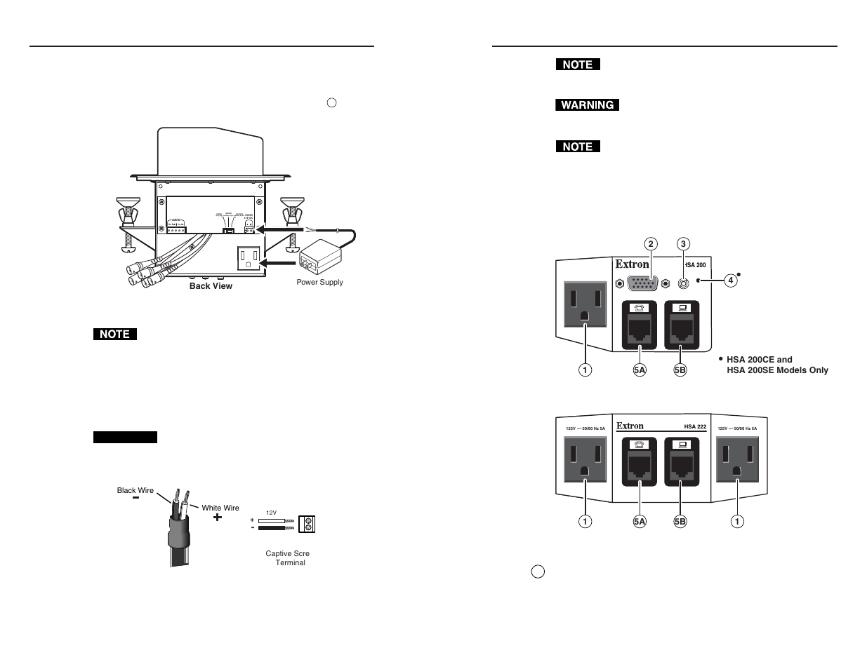 Power connector wiring, Front panel connectors, Installation, cont’d | Medium peaking & gain maximum peaking & gain, Normal unity gain | Extron electronic HSA 200SE User Manual | Page 14 / 30