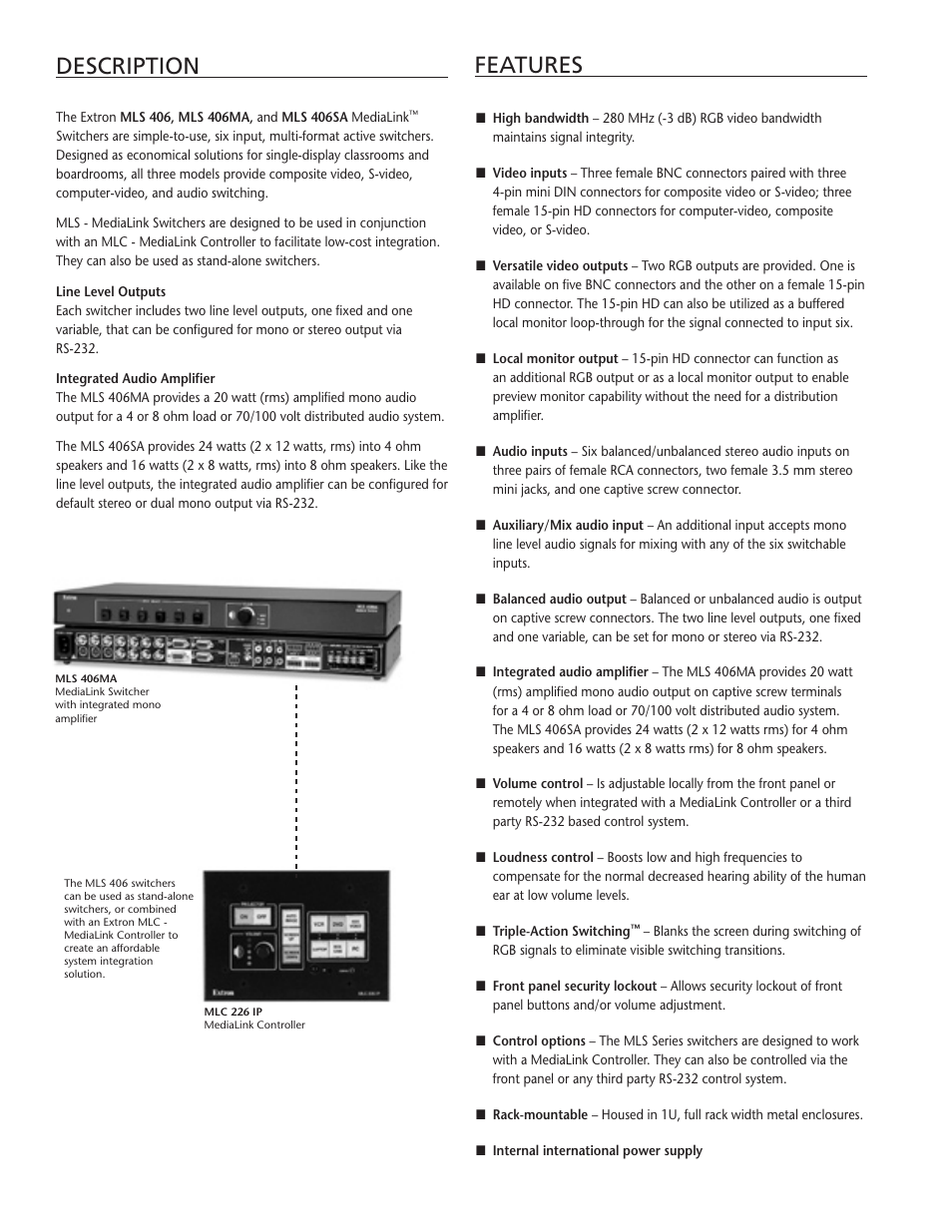 Features description | Extron electronic MLS 406 Series User Manual | Page 2 / 4