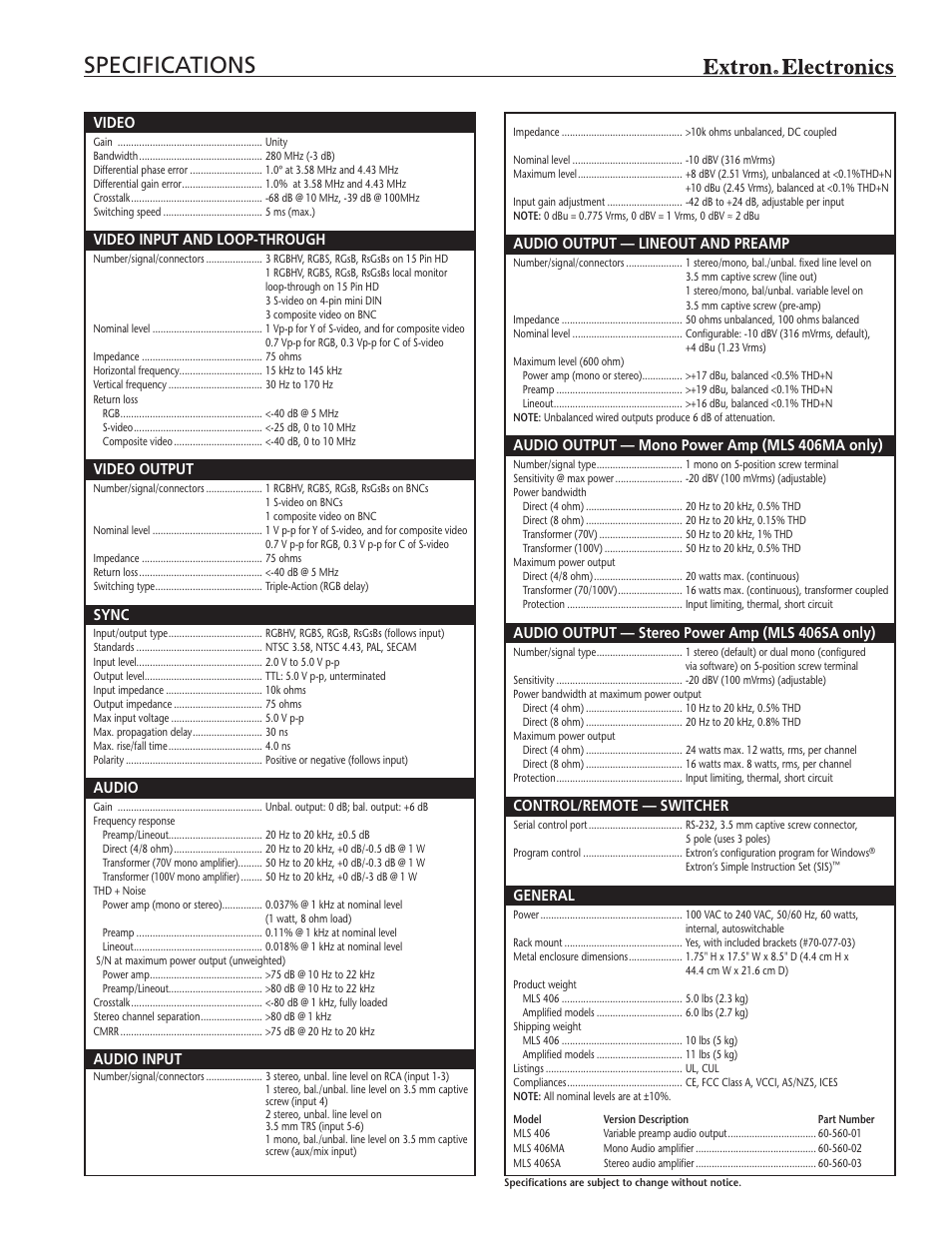 Specifications | Extron electronic MLS 406 Series User Manual | Page 3 / 4