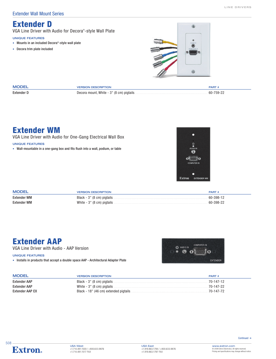 Extender d, Extender wm, Extender aap | Extender wall mount series, Vga line driver with audio for decora, Style wall plate, Vga line driver with audio - aap version | Extron electronic Extender Wall Mount Series User Manual | Page 2 / 4