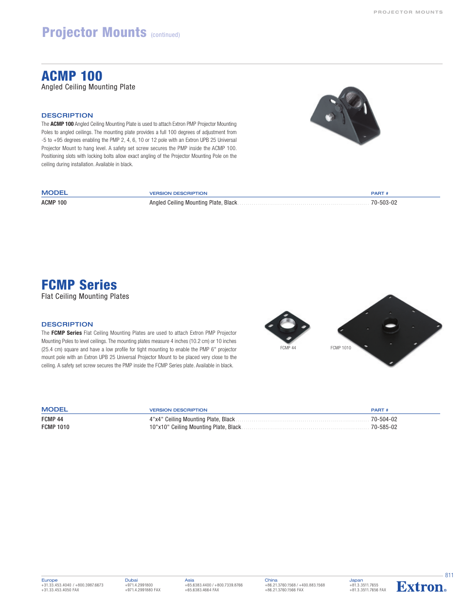 Projector mounts, Acmp 100, Fcmp series | Angled ceiling mounting plate, Flat ceiling mounting plates, Continued) | Extron electronic PCM 240 User Manual | Page 2 / 3