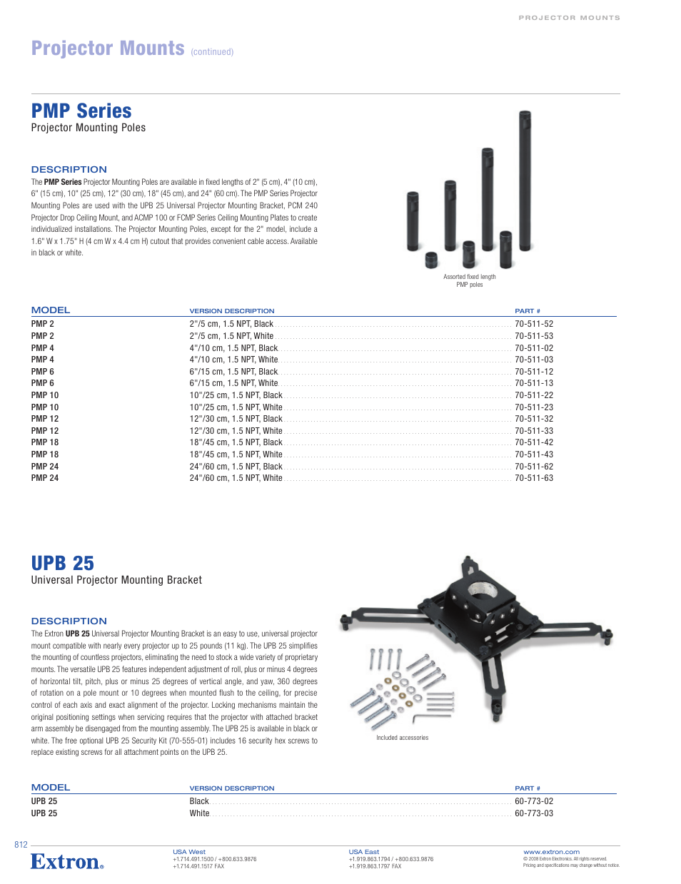 Projector mounts, Pmp series, Upb 25 | Projector mounting poles, Universal projector mounting bracket, Continued) | Extron electronic PCM 240 User Manual | Page 3 / 3