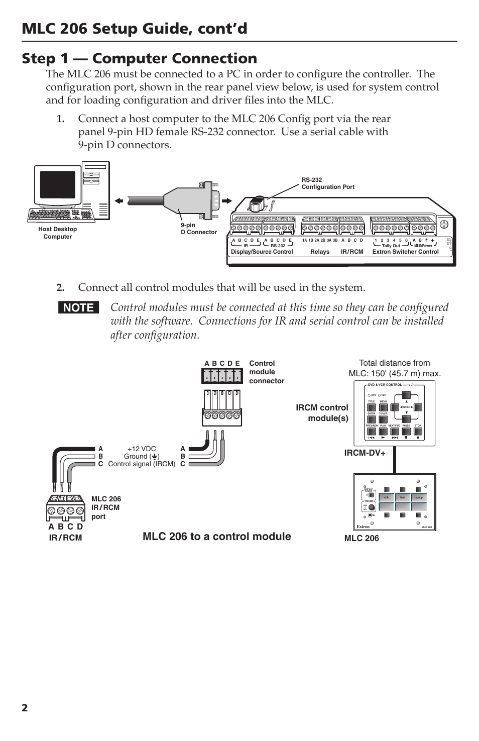 Mlc 206 setup guide, cont’d, Step 1 — computer connection, Mlc 206 to a control module | Mlc ir-ircm wiring_01-05.eps, Ircm-dv | Extron Electronics MLC 206 User Manual | Page 2 / 8