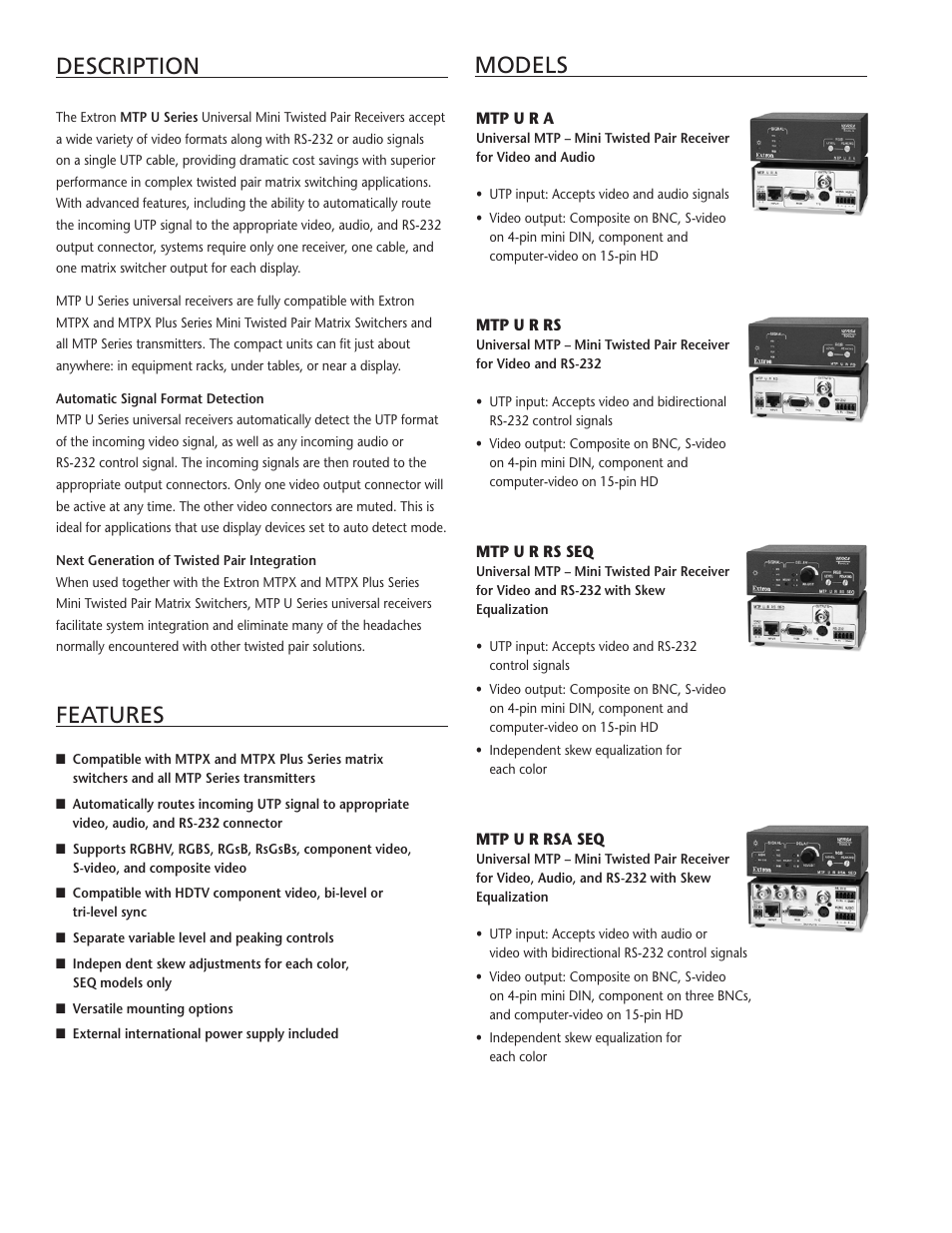 Models description, Features | Extron electronic Universal MTP - Minitwisted Pair Receivers MTP U Series User Manual | Page 2 / 4