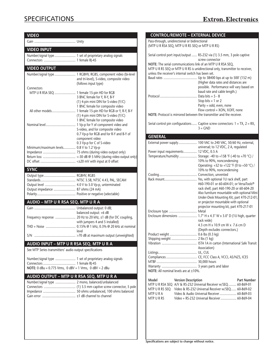 Specifications | Extron electronic Universal MTP - Minitwisted Pair Receivers MTP U Series User Manual | Page 3 / 4