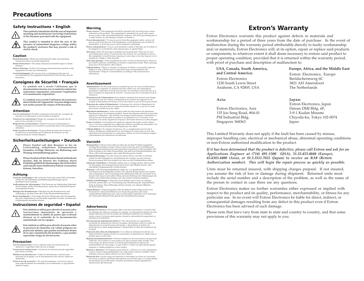 Precautions, Extron’s warranty, Instrucciones de seguridad • español | Extron Electronics RGB 400xi Series User Manual | Page 10 / 11