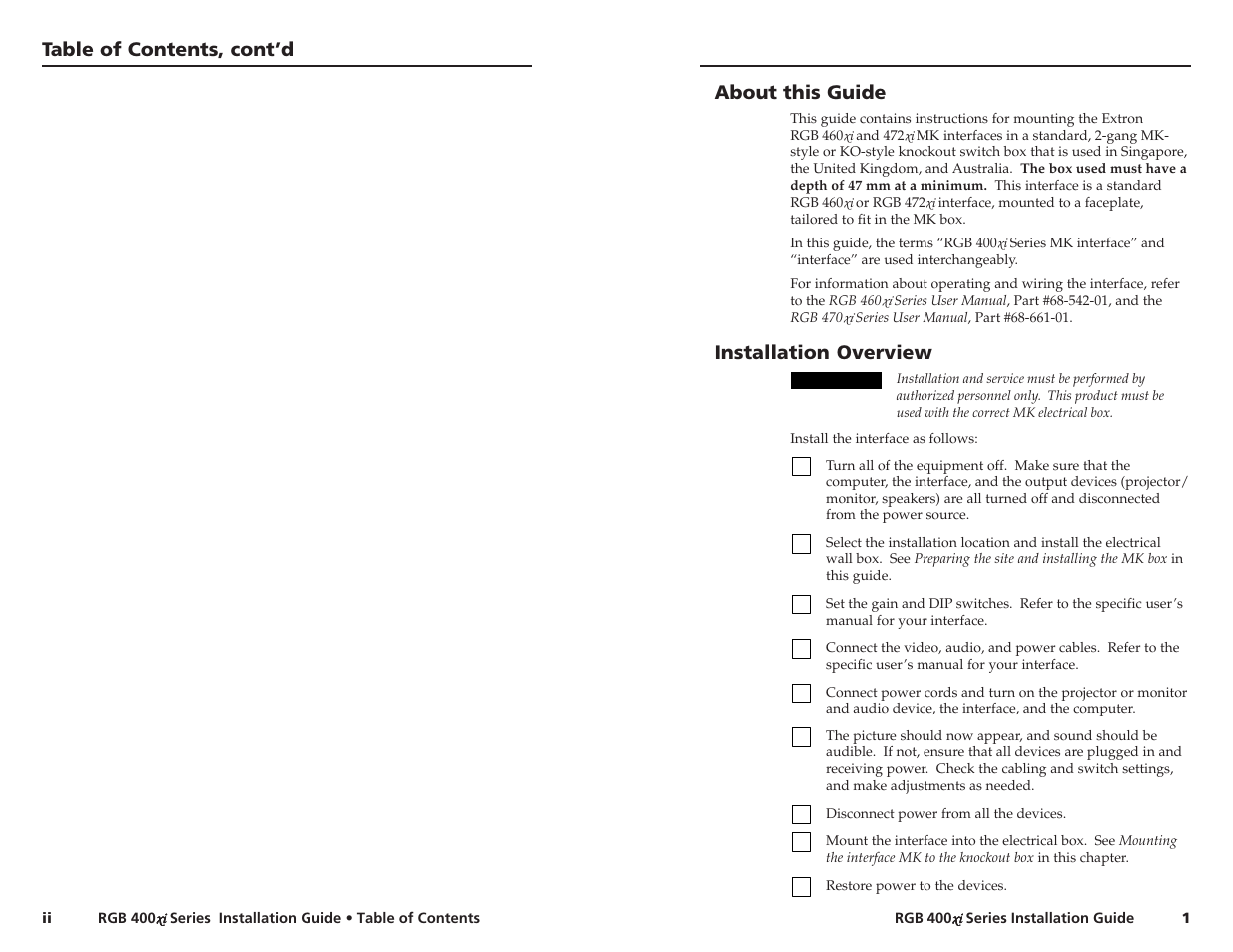 Table of contents, cont’d, About this guide, Installation overview | Extron Electronics RGB 400xi Series User Manual | Page 4 / 11