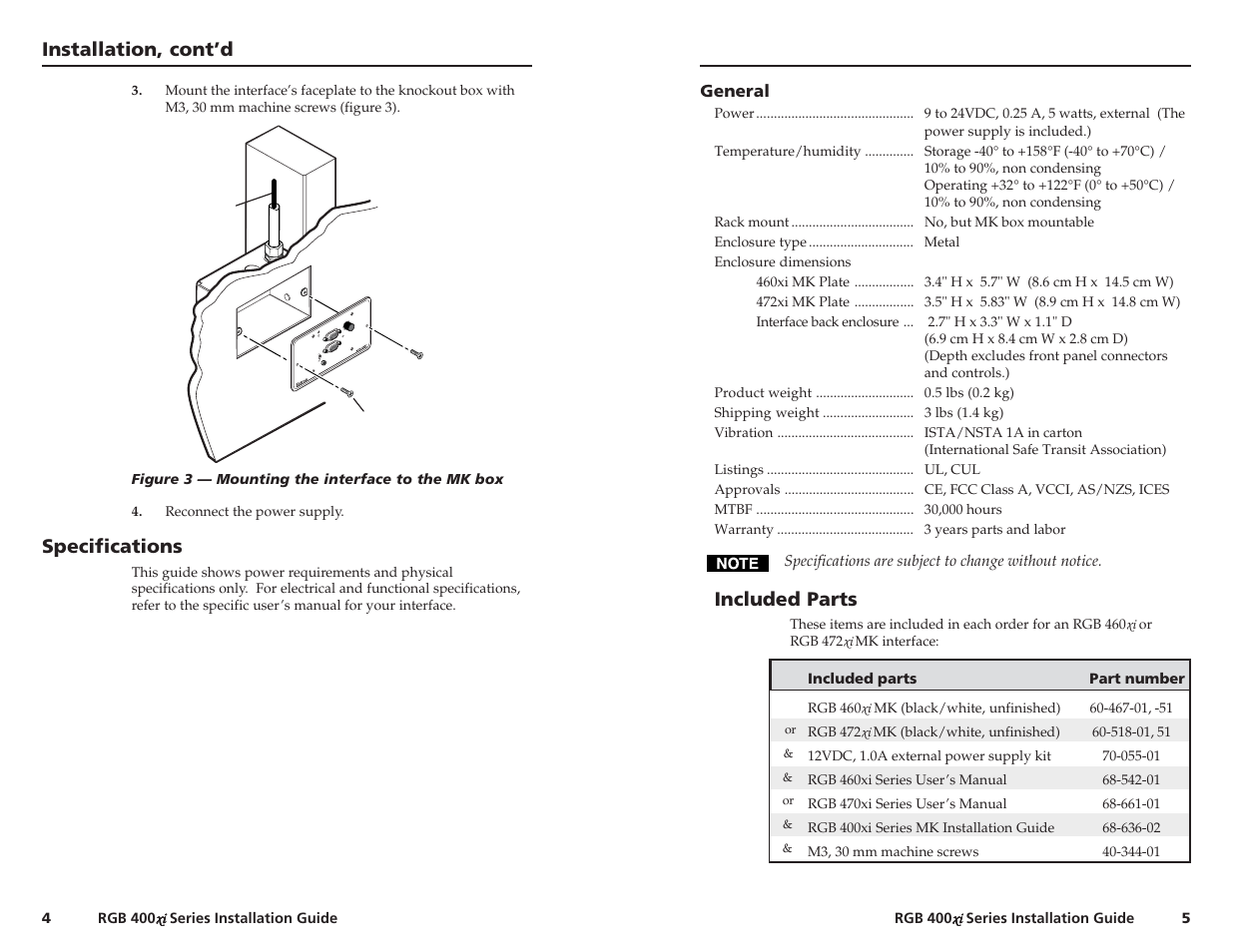 Installation, cont’d, Included parts, Specifications | Extron Electronics RGB 400xi Series User Manual | Page 6 / 11