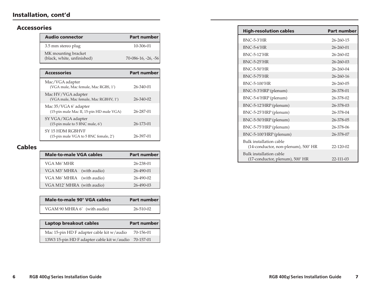 Installation, cont’d, Accessories, Cables | Extron Electronics RGB 400xi Series User Manual | Page 7 / 11