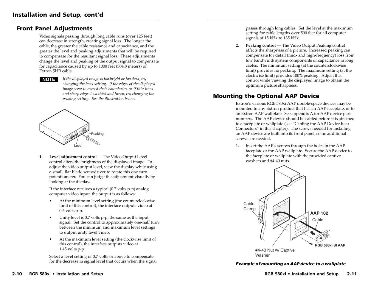 Front panel adjustments, Mounting the optional aap device | Extron electronic RGB 580xi User Manual | Page 11 / 23