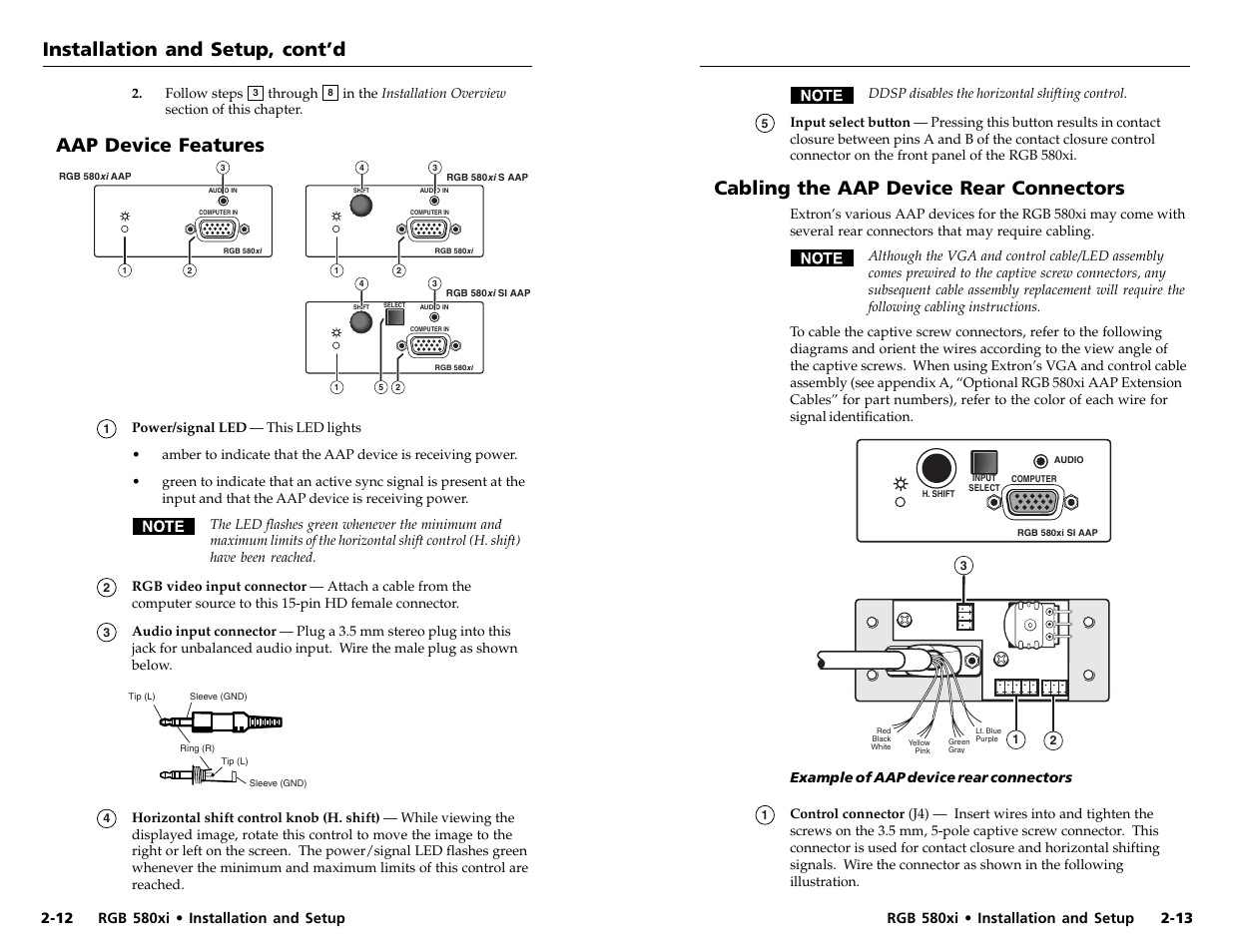 Aap device features, Cabling the aap device rear connectors, Installation and setup, cont’d | Extron electronic RGB 580xi User Manual | Page 12 / 23