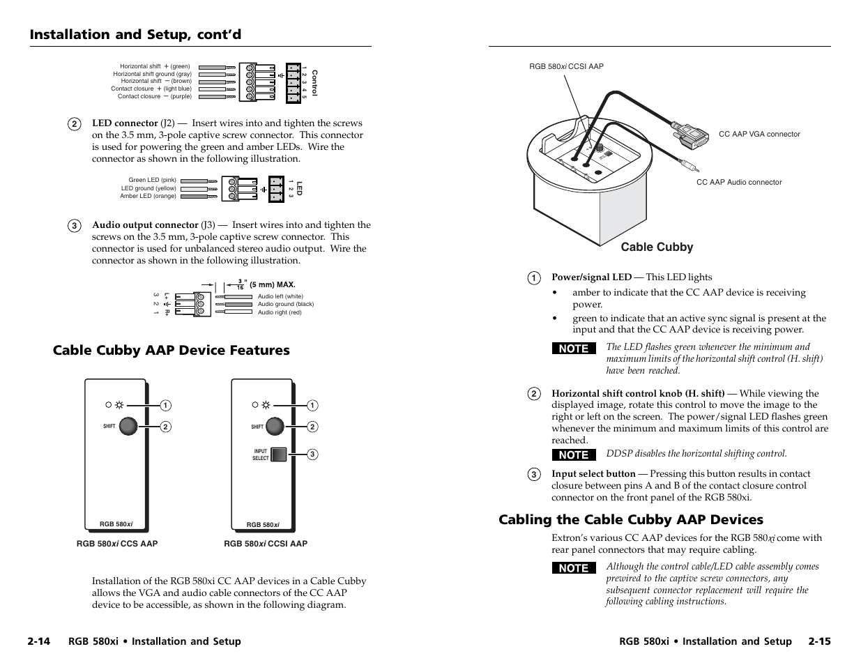 Cable cubby aap device features, Cabling the cable cubby aap devices, Installation and setup, cont’d | Cable cubby | Extron electronic RGB 580xi User Manual | Page 13 / 23