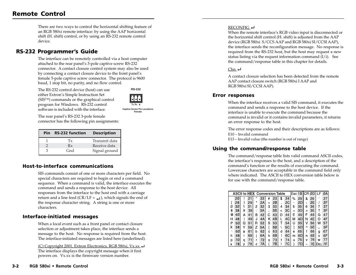 Rs-232 programmer’s guide, Remote control | Extron electronic RGB 580xi User Manual | Page 16 / 23
