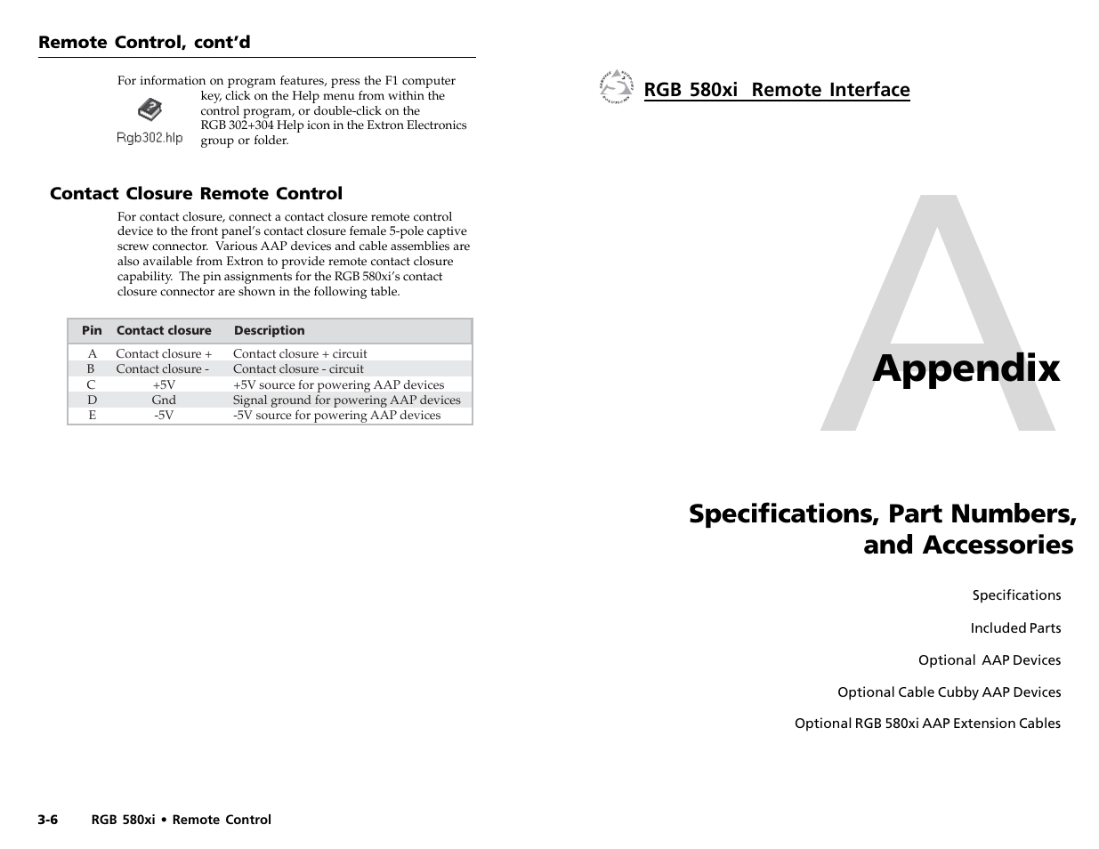 Contact closure remote control, Appendix a • specifications, Part numbers | Accessories, Appendix | Extron electronic RGB 580xi User Manual | Page 18 / 23