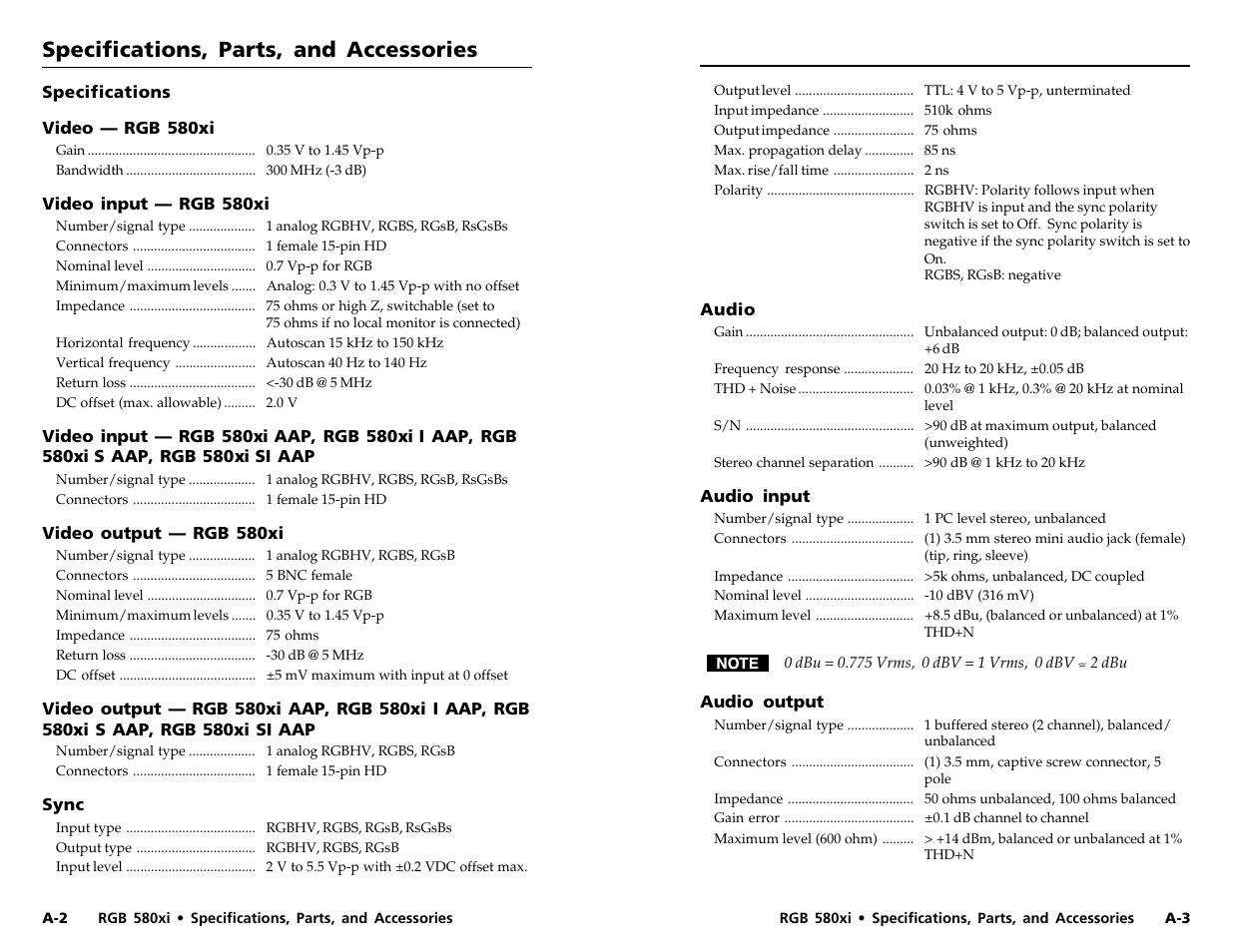 Specifications, Specifications, parts, and accessories | Extron electronic RGB 580xi User Manual | Page 19 / 23