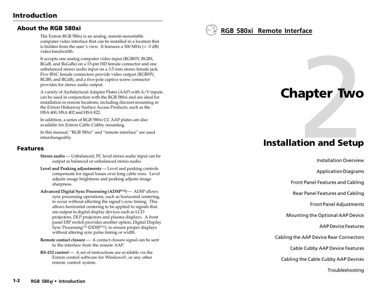 About the rgb 580xi, Features, Chapter two - installation and setup | Chapter 2 • installation and setup, Chapter two, Installation and setup | Extron electronic RGB 580xi User Manual | Page 6 / 23