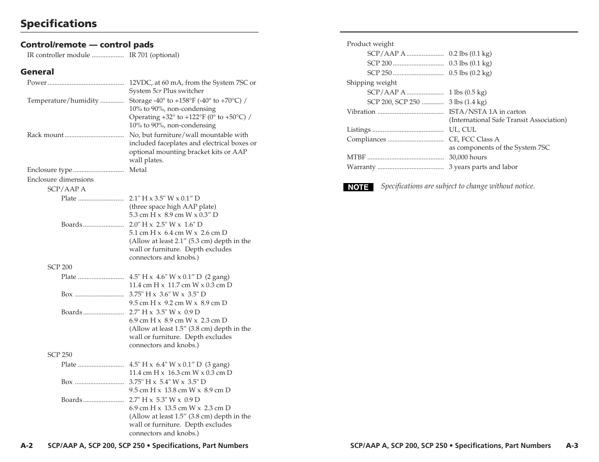 Specifications, Specifications, accessories, part numbers, cont’d | Extron Electronics SCP_AAP A User Manual | Page 13 / 21
