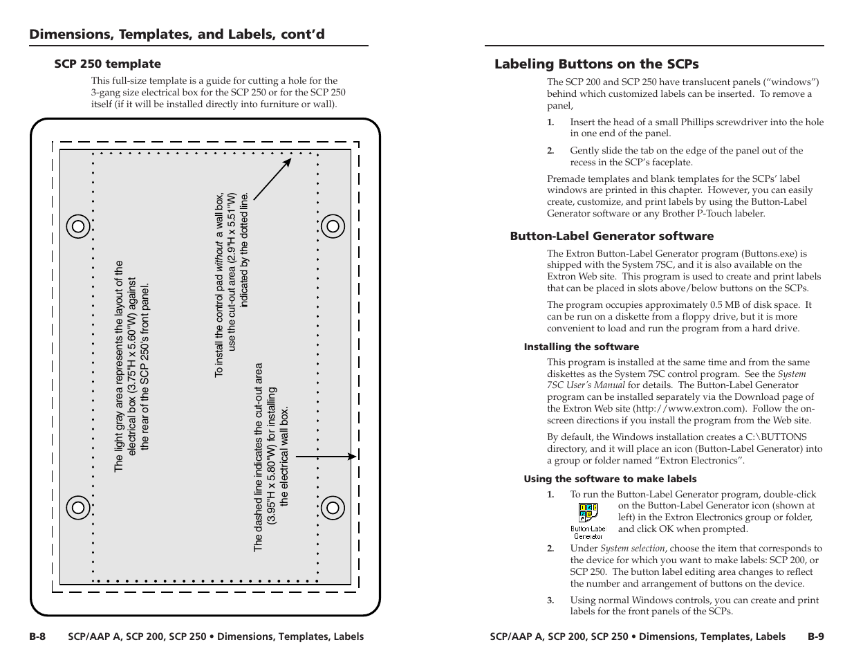 Labeling buttons on the scps, Dimensions, templates, and labels, cont’d | Extron Electronics SCP_AAP A User Manual | Page 18 / 21
