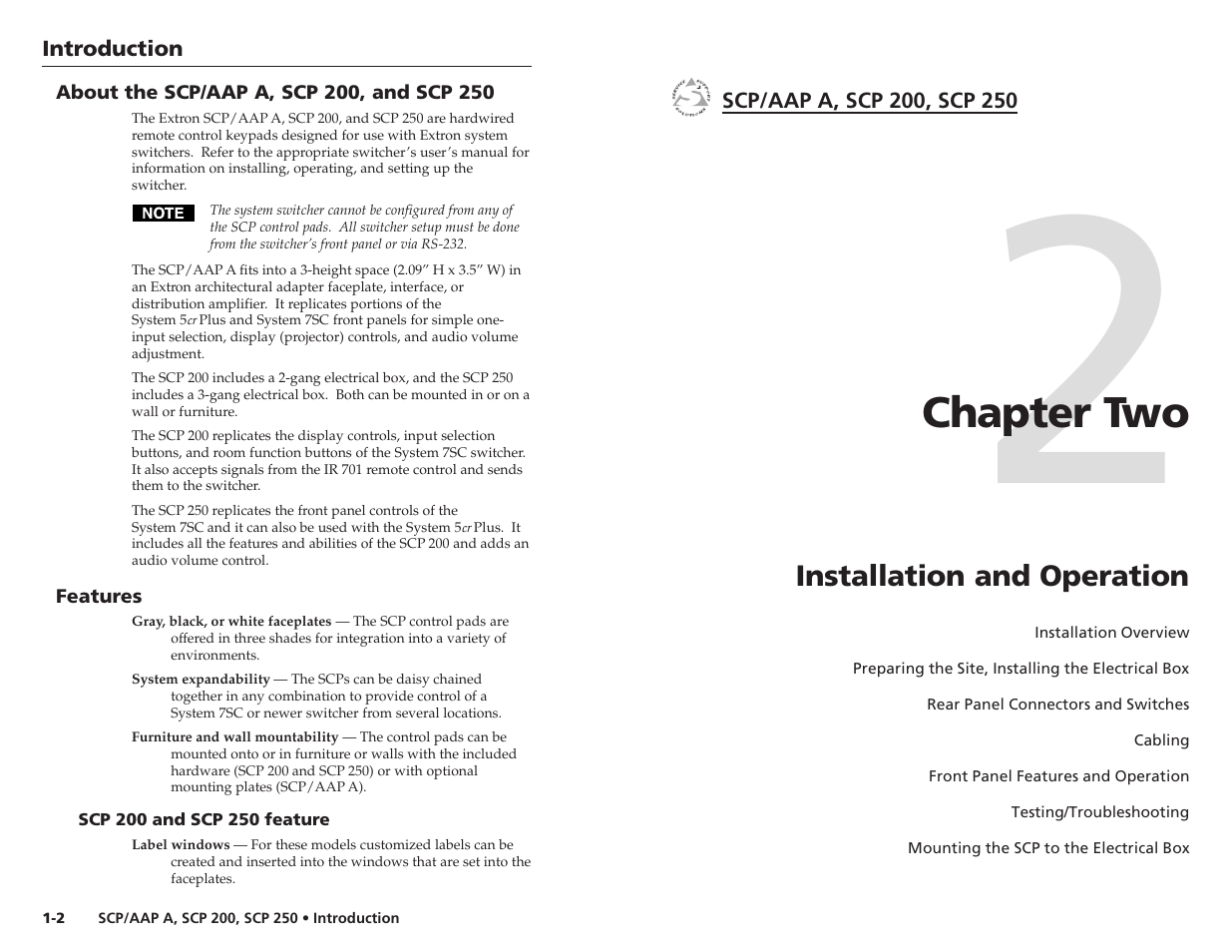Ch.2: installation & operation, Chapter two | Extron Electronics SCP_AAP A User Manual | Page 5 / 21
