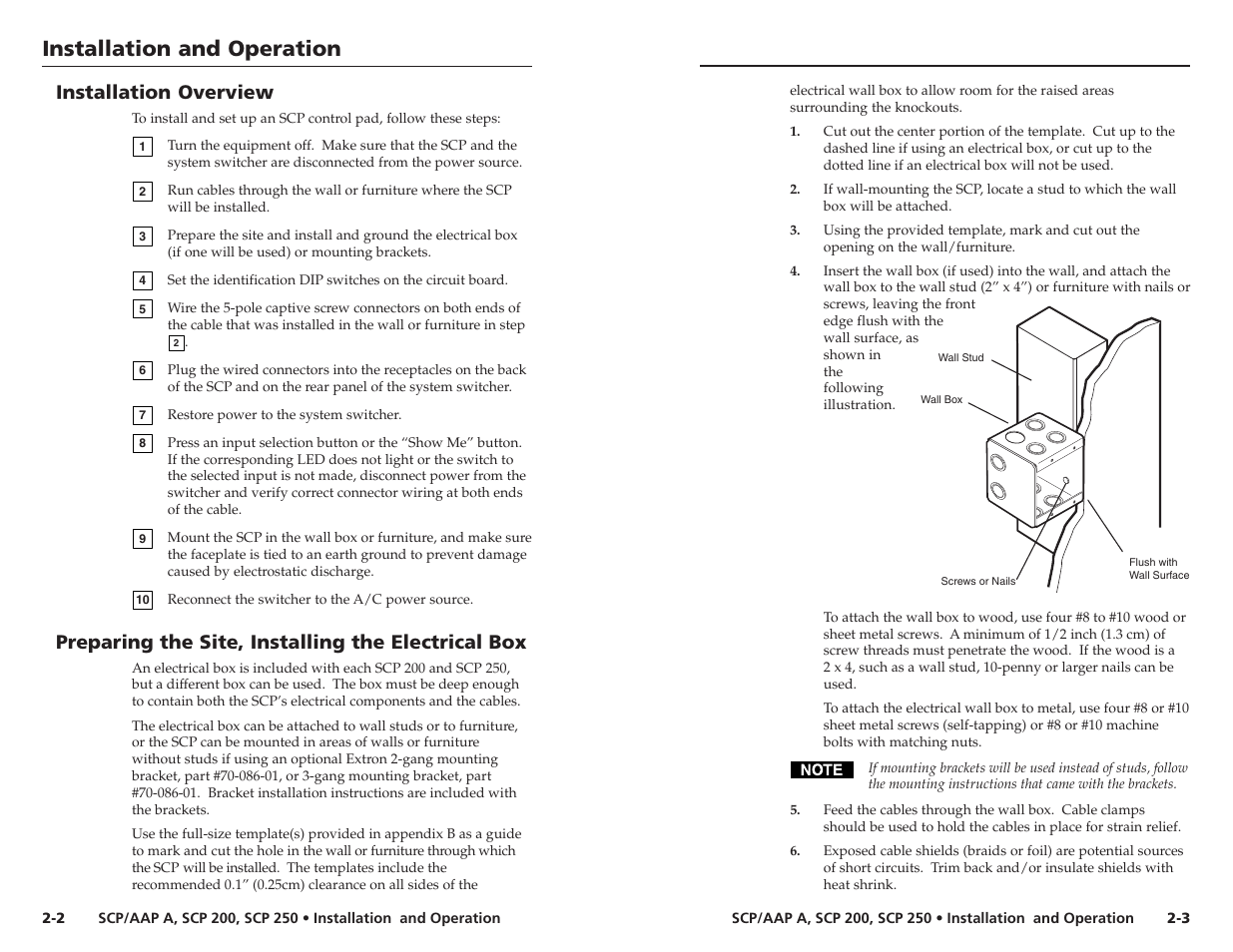 Installation overview, Preparing the site, installing the electrical box, Installation and operation | Installation and operation, cont’d | Extron Electronics SCP_AAP A User Manual | Page 6 / 21
