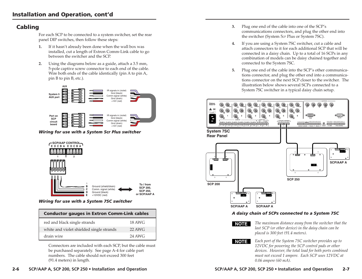 Cabling, Installation and operation, cont’d cabling, Sw1 j3 j2 1 | Wiring for use with a system 5cr plus switcher, A daisy chain of scps connected to a system 7sc, System 7sc rear panel | Extron Electronics SCP_AAP A User Manual | Page 8 / 21