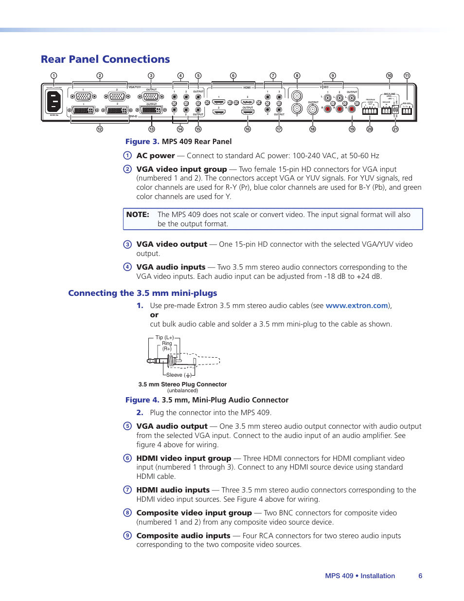 Rear panel connections, Connecting the 3.5 mm mini-plugs, Figure 3. mps 409 rear panel | Extron Electronics MPS 409 User Manual | Page 12 / 43