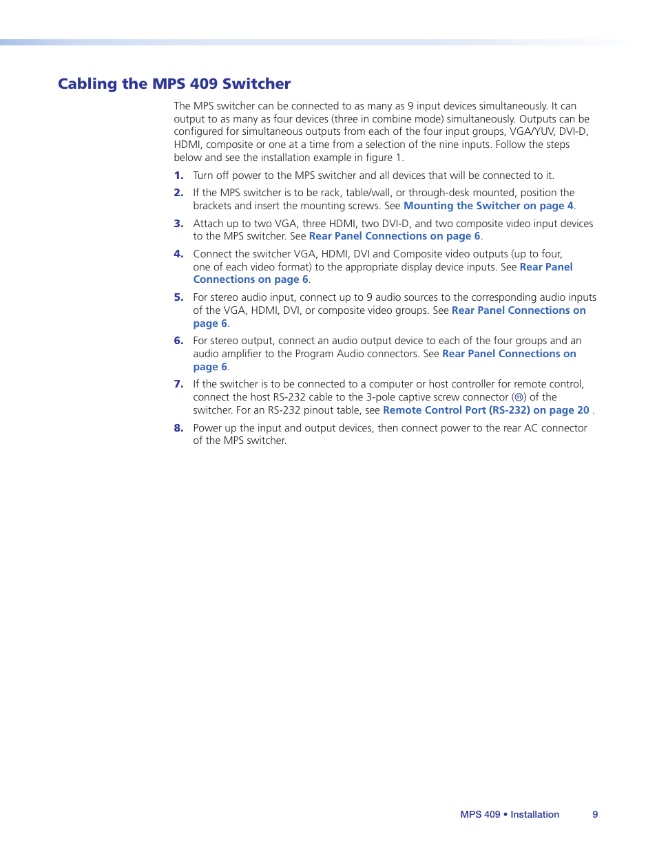 Cabling the mps 409 switcher | Extron Electronics MPS 409 User Manual | Page 15 / 43