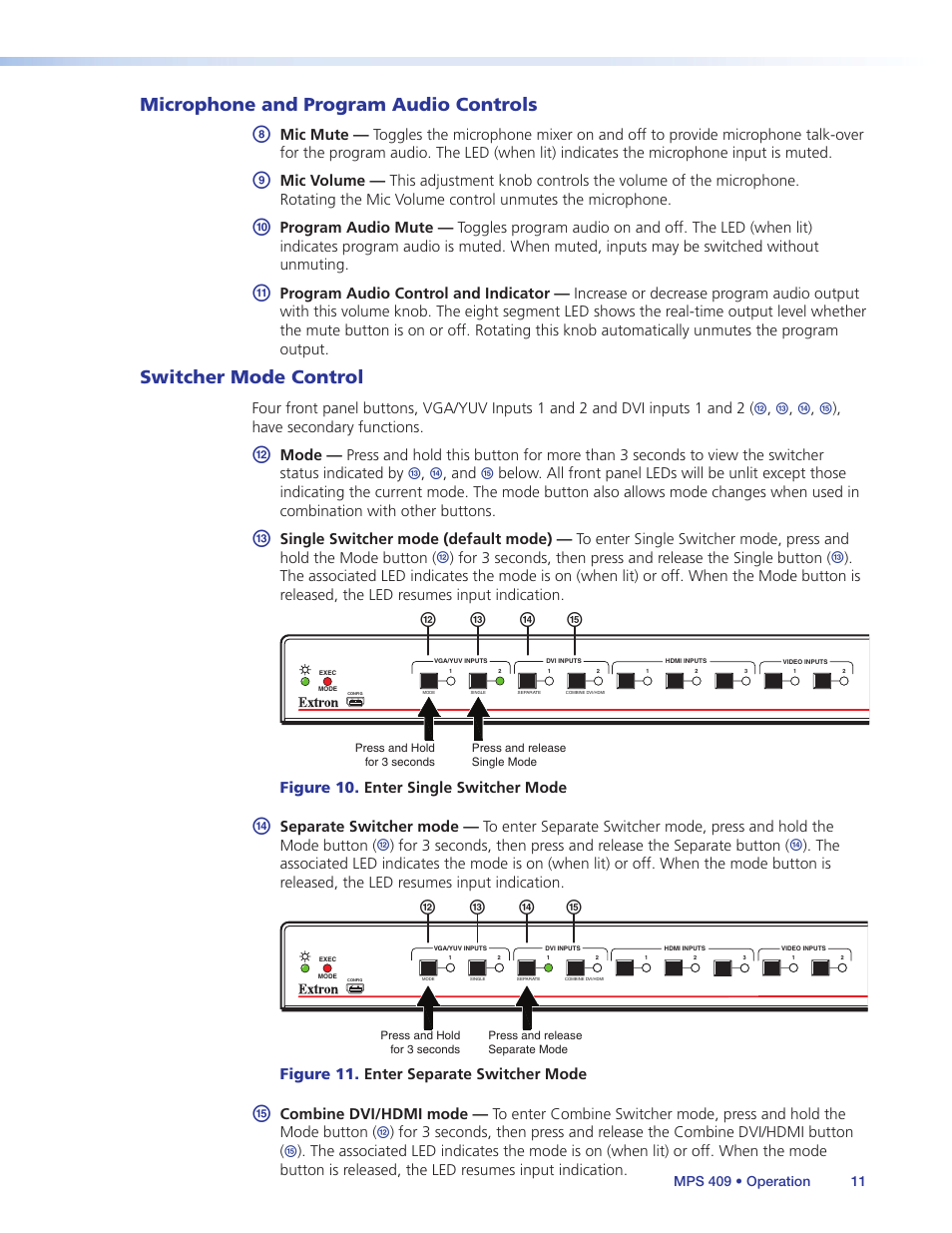 Microphone and program audio controls, Switcher mode control, Lm n o | Extron Electronics MPS 409 User Manual | Page 17 / 43