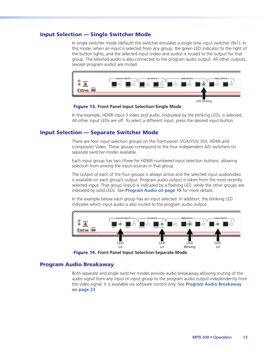 Input selection — single switcher mode, Input selection — separate switcher mode, Program audio breakaway | Mode | Extron Electronics MPS 409 User Manual | Page 19 / 43