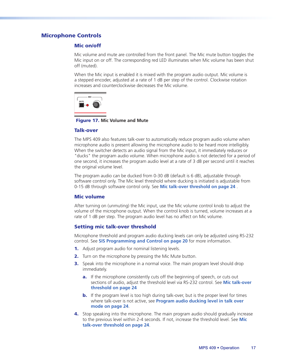 Microphone controls, Mic on/off, Talk-over | Mic volume, Setting mic talk-over threshold, Figure 17. mic volume and mute | Extron Electronics MPS 409 User Manual | Page 23 / 43