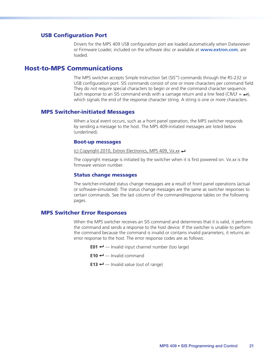 Usb configuration port, Host-to-mps communications, Mps switcher-initiated messages | Mps switcher error responses | Extron Electronics MPS 409 User Manual | Page 27 / 43
