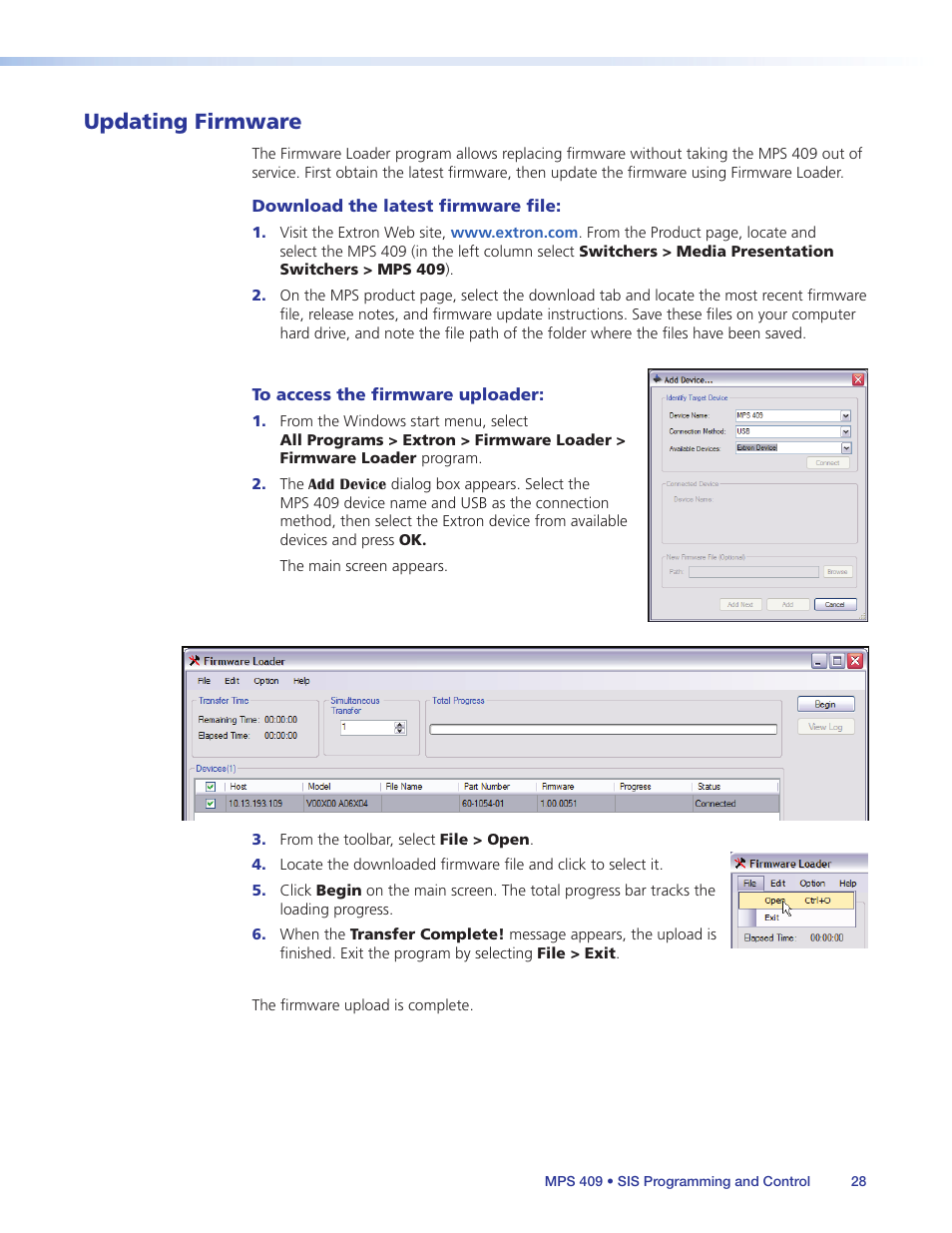 Updating firmware | Extron Electronics MPS 409 User Manual | Page 34 / 43