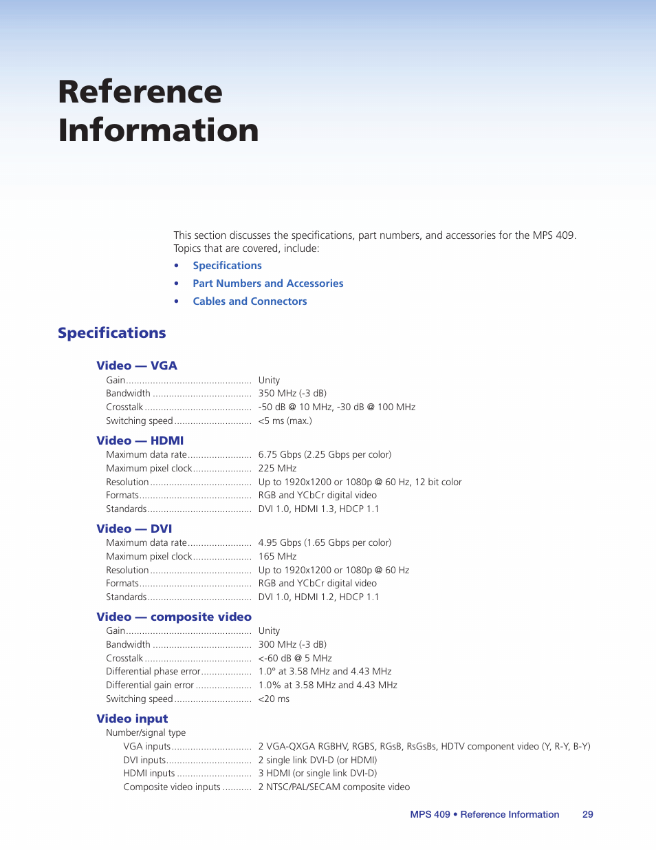 Reference information, Specifications | Extron Electronics MPS 409 User Manual | Page 35 / 43