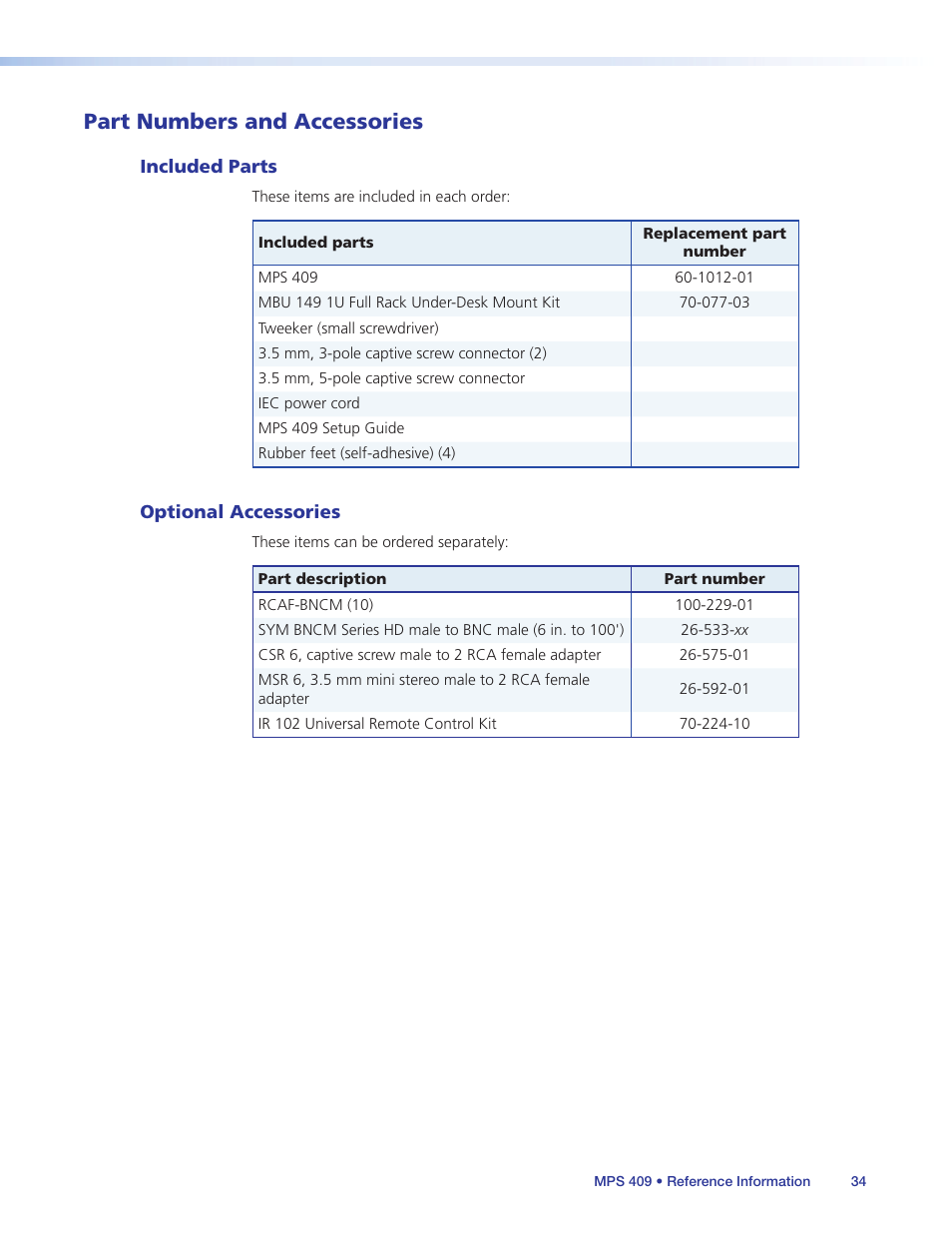 Part numbers and accessories, Included parts, Optional accessories | Included parts optional accessories | Extron Electronics MPS 409 User Manual | Page 40 / 43