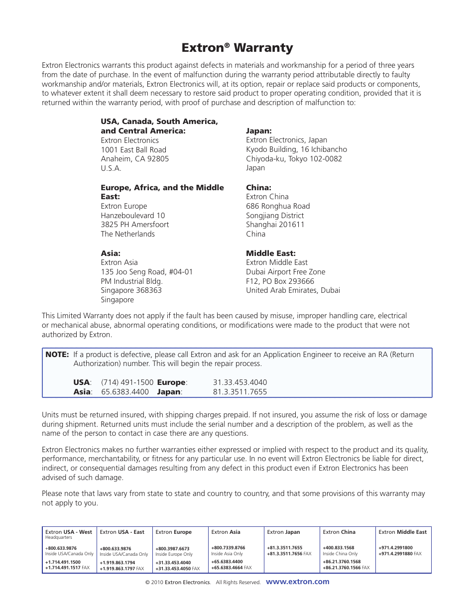 Warranty and contact information, Extron, Warranty | Sample of extron warranty page | Extron Electronics MPS 409 User Manual | Page 43 / 43