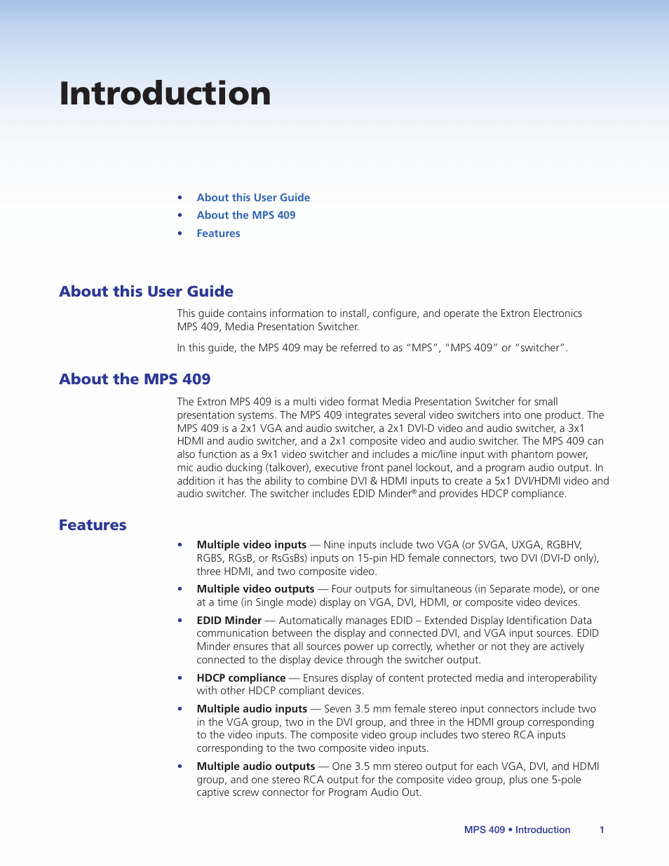 Introduction, About this manual, About the mps 409 | Features, About this manual about the mps 409 features, About this user guide | Extron Electronics MPS 409 User Manual | Page 7 / 43