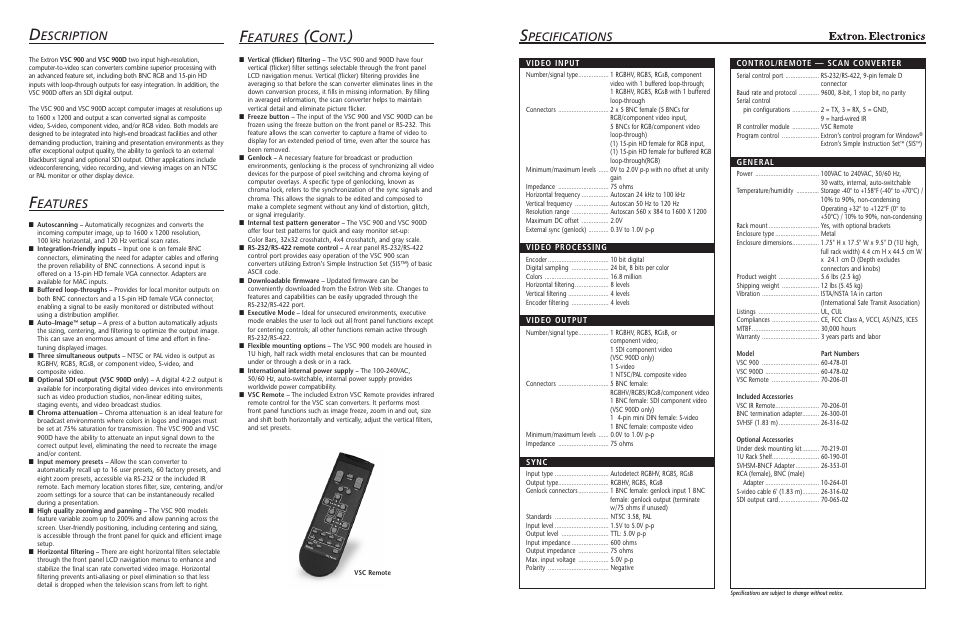 Pecifications, Escription, Eatures | Extron electronic VSC 900D User Manual | Page 2 / 4