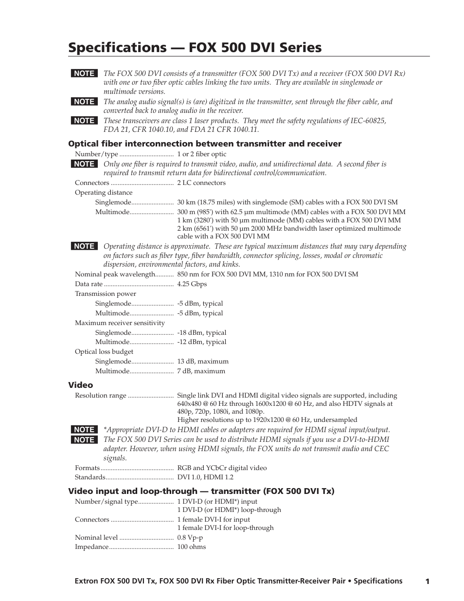 Extron electronic Fiber Optic Transmitter-Receiver Pair FOX 500 DVI Tx User Manual | 3 pages