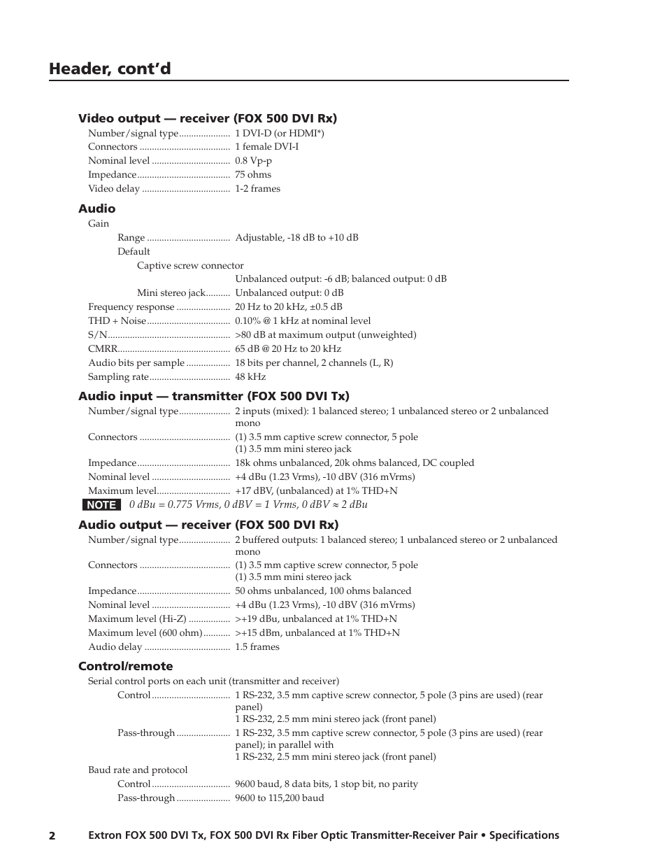 Header, cont’d | Extron electronic Fiber Optic Transmitter-Receiver Pair FOX 500 DVI Tx User Manual | Page 2 / 3