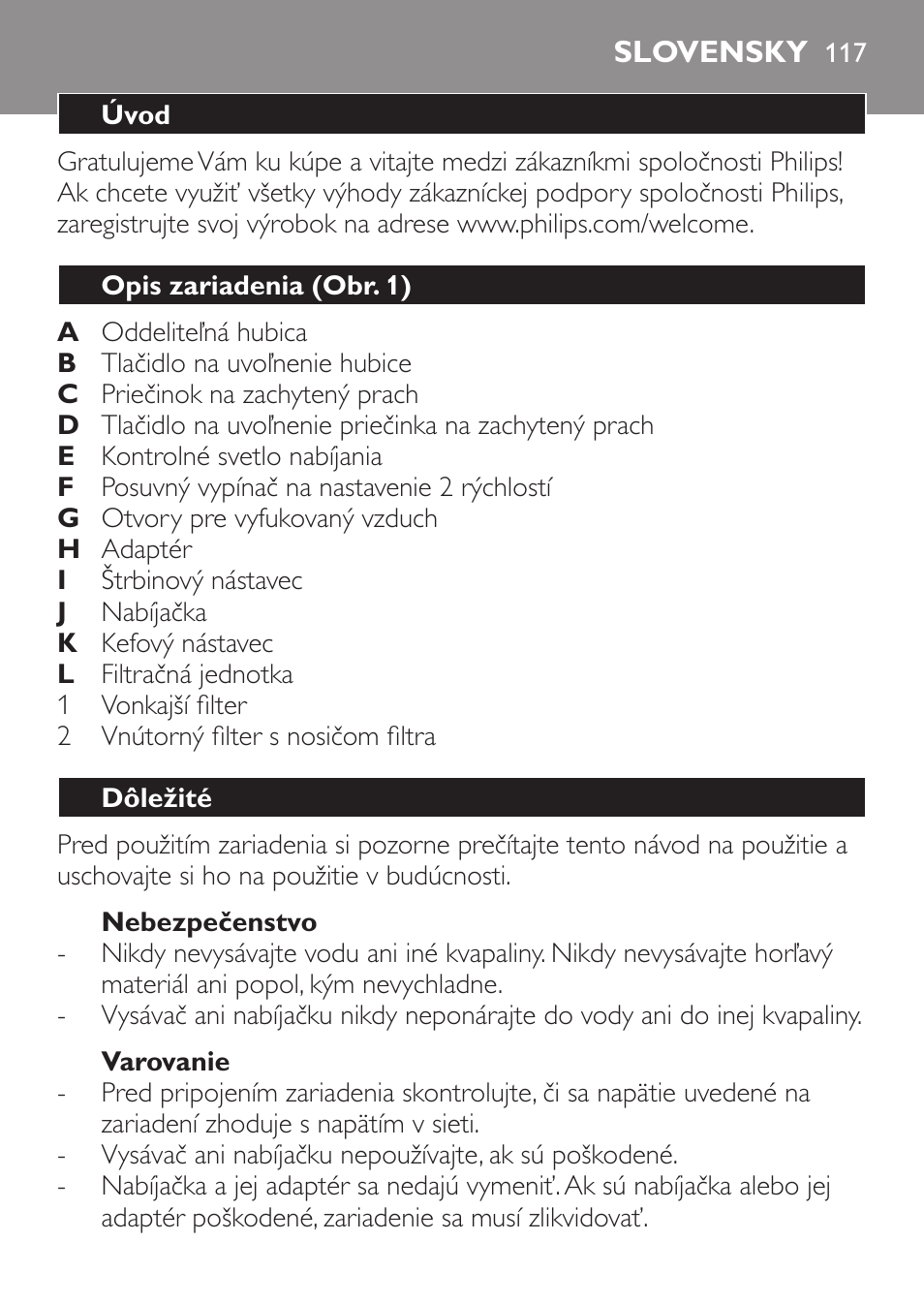 Nebezpečenstvo, Varovanie, Slovensky | Úvod, Opis zariadenia (obr. 1), Dôležité | Philips FC6146 User Manual | Page 117 / 156
