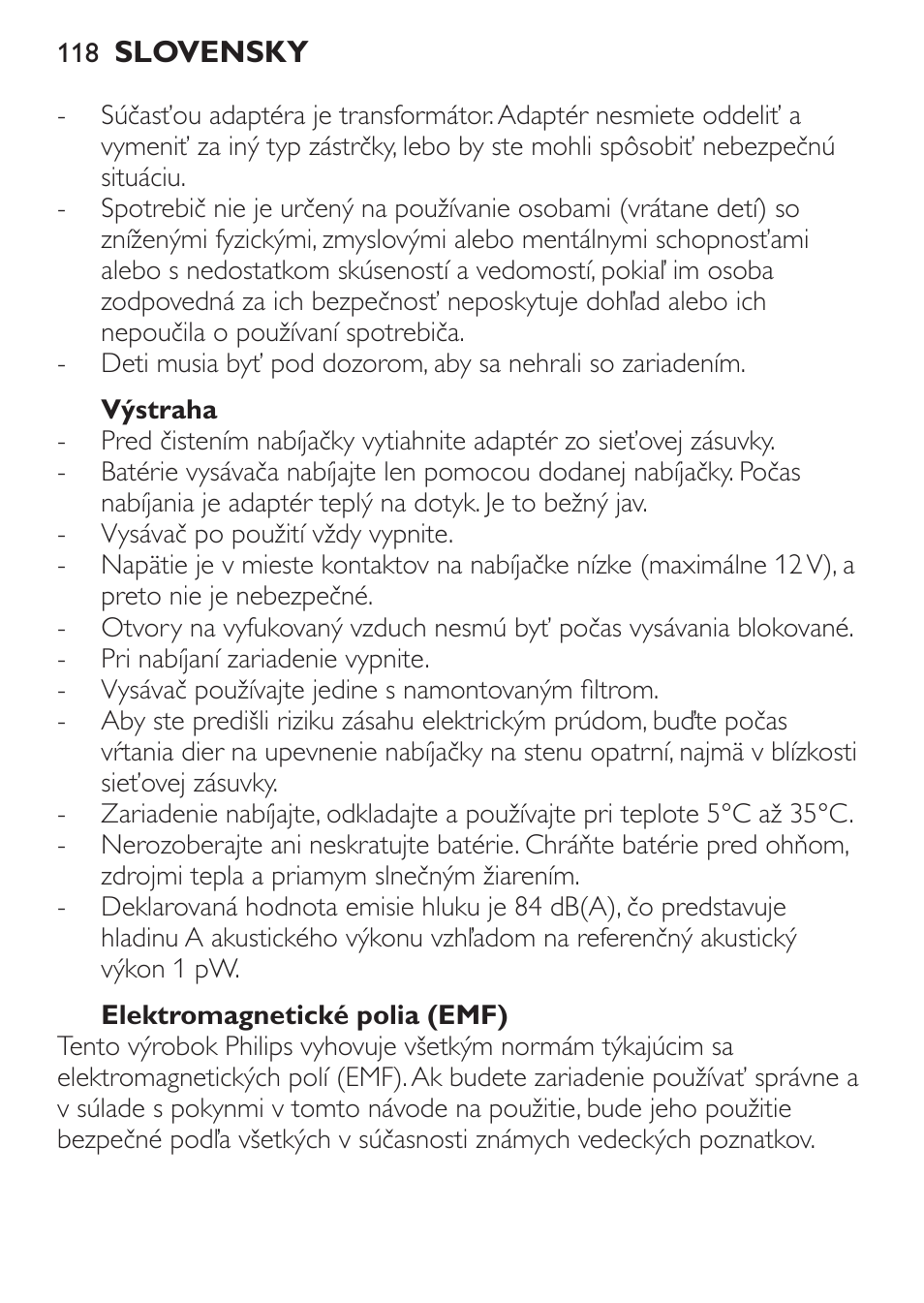 Výstraha, Elektromagnetické polia (emf) | Philips FC6146 User Manual | Page 118 / 156