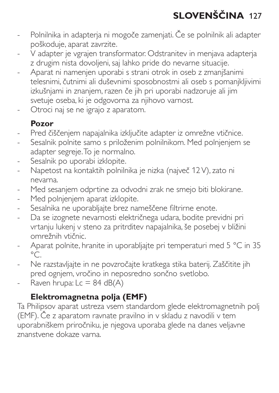 Pozor, Elektromagnetna polja (emf) | Philips FC6146 User Manual | Page 127 / 156